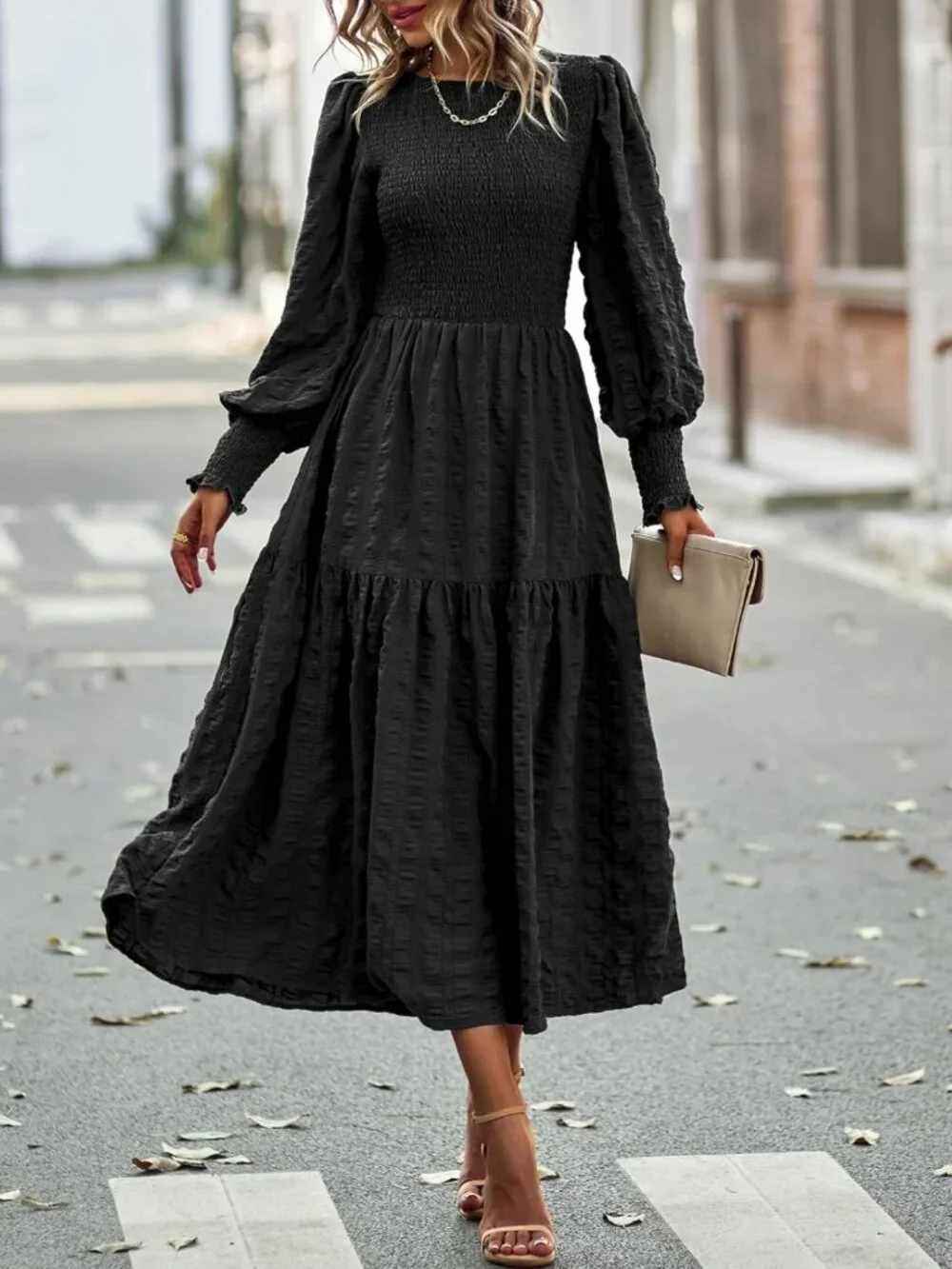 Spring Puff Long Sleeve Maxi Dress - Smocked Empire Waist, Tiered A-line, Flowy